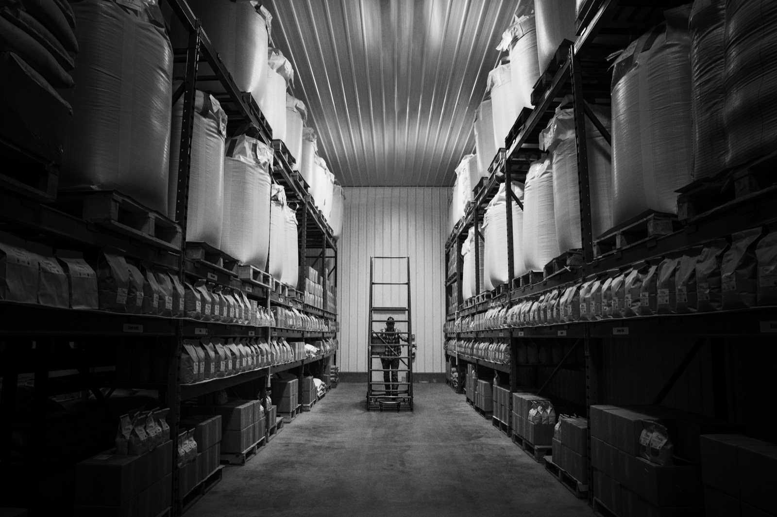 Raw materials warehouse, big bags on industrial racking