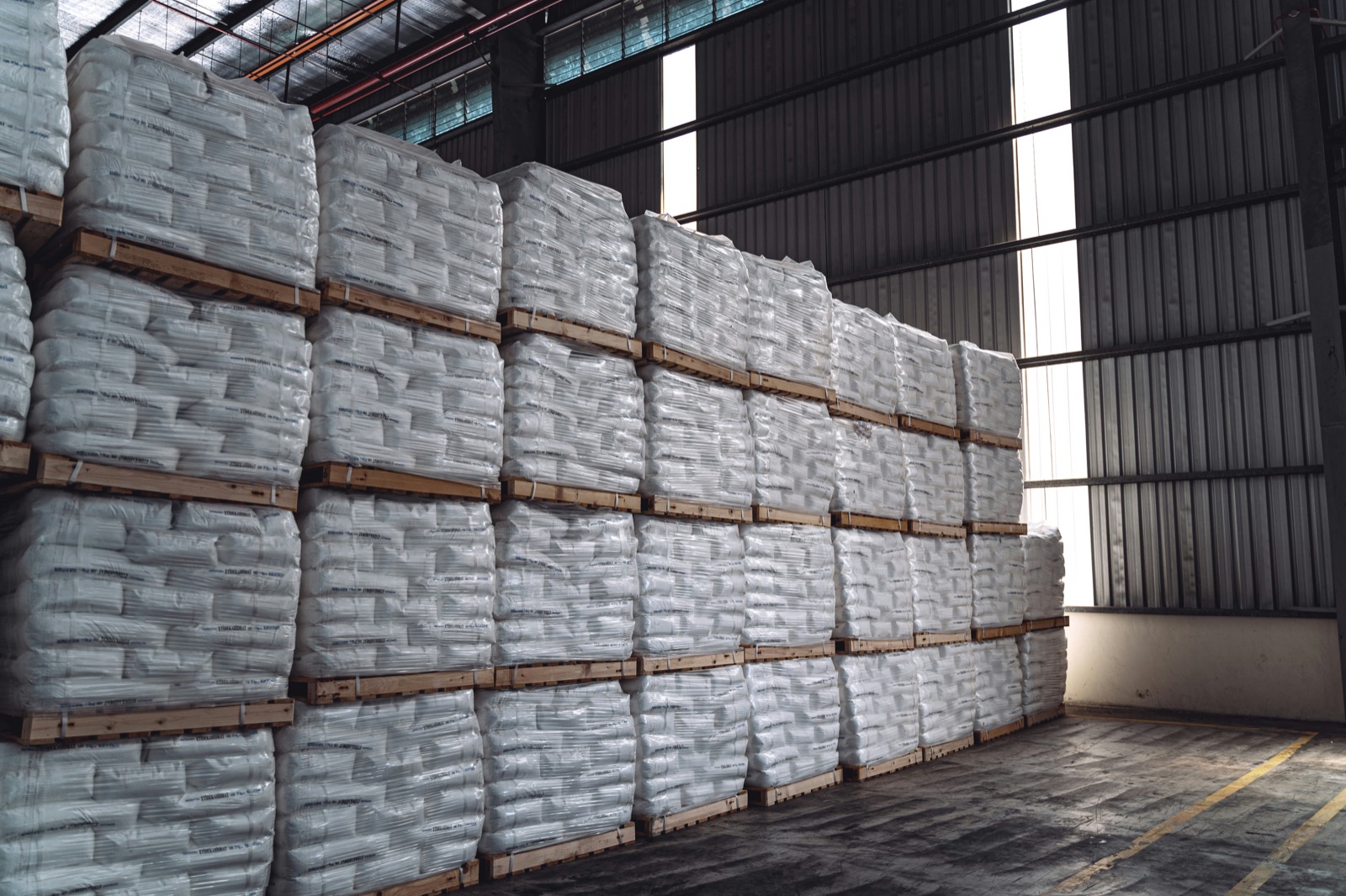 Raw materials warehouse, bags on pallets